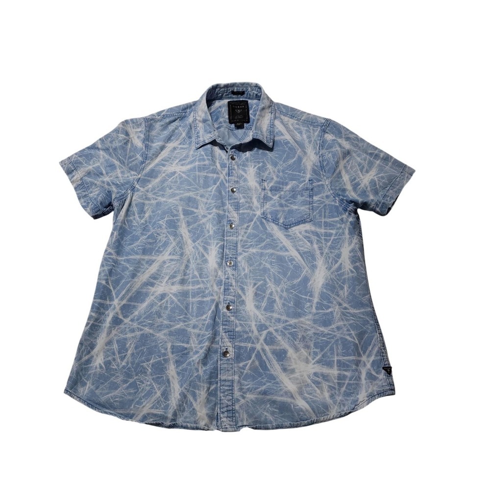Guess Mens XL Button Down Shirt Blue Abstract Print Short Sleeve Slim